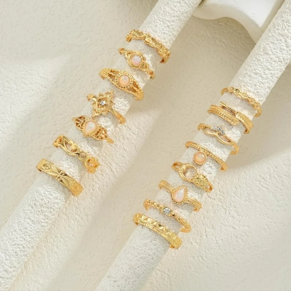 Gold Opal Accent Women's Ring Set - 15 Pack